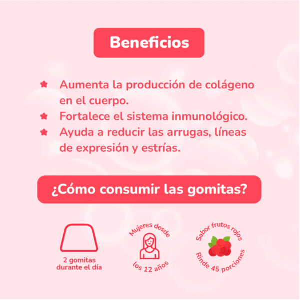 Frasco de Total Beauty Gummix con 90 gomitas de sabor frutos rojos, diseñado para un tratamiento completo de belleza desde el interior.