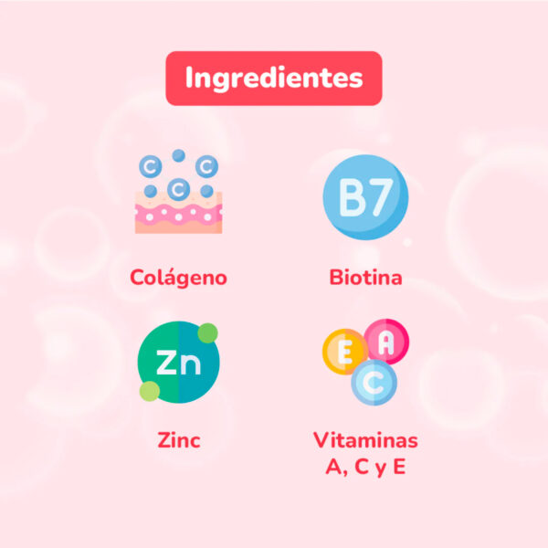 Ingredientes de Total Beauty: colágeno, biotina, zinc y vitaminas A, C y E. Dosis recomendada: 2 gomitas al día. Apto para mujeres desde los 12 años.